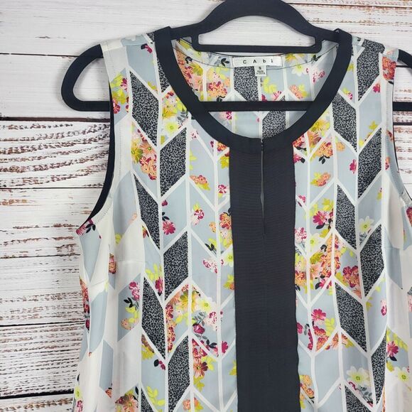 Cabi Tank Blouse S Womens Multicolor Floral Key Hole Front Crew Neck Pullover - Picture 2 of 11